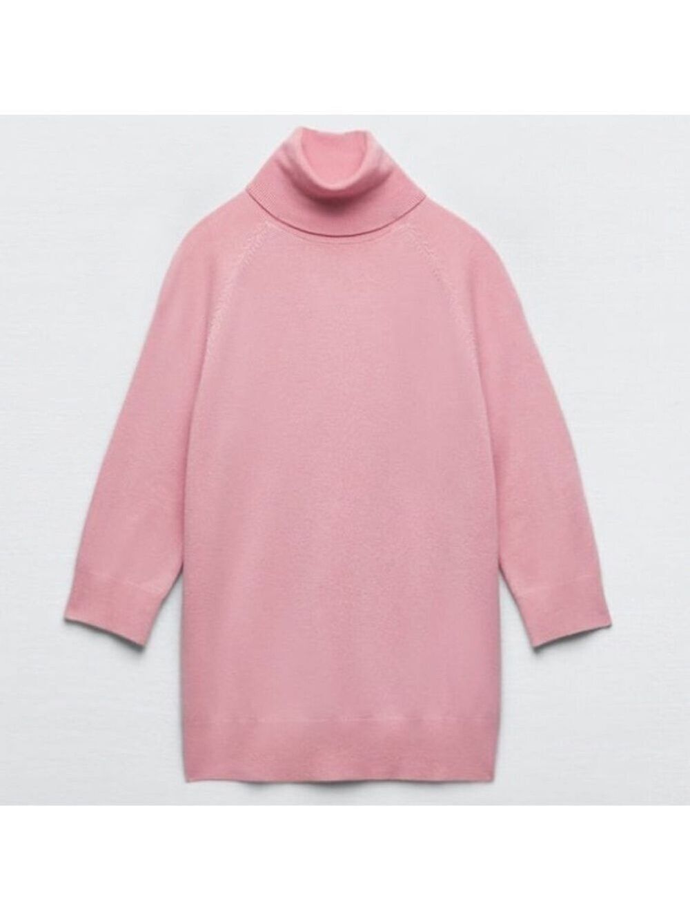 Zara High Collar Turtleneck Fine Ribbed Knit 3/4 Sleeve Sweater in Pink